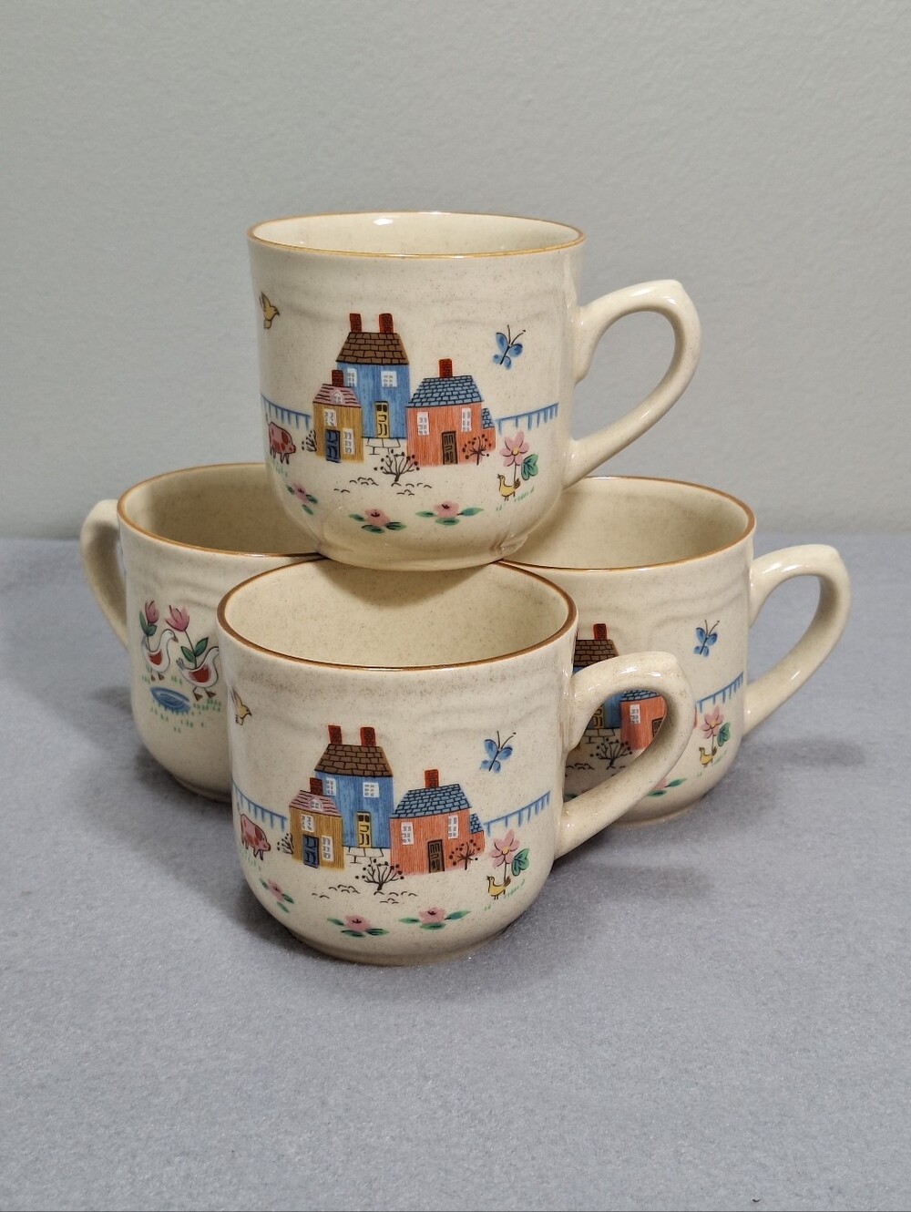 4 International Tableworks Heartland Village 1990s Stonewear Coffee Cups #7774